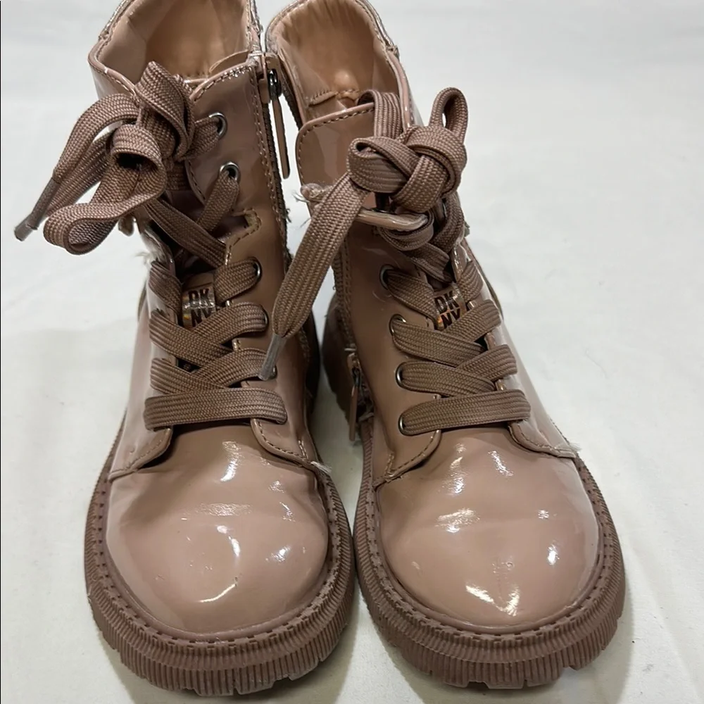 DKNY Kids' Glossy Beige Lace-Up Boots - Picture 1 of 9